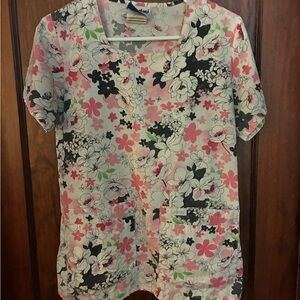 Landau Women’s Floral Scrub Top - Pink, Black, and White